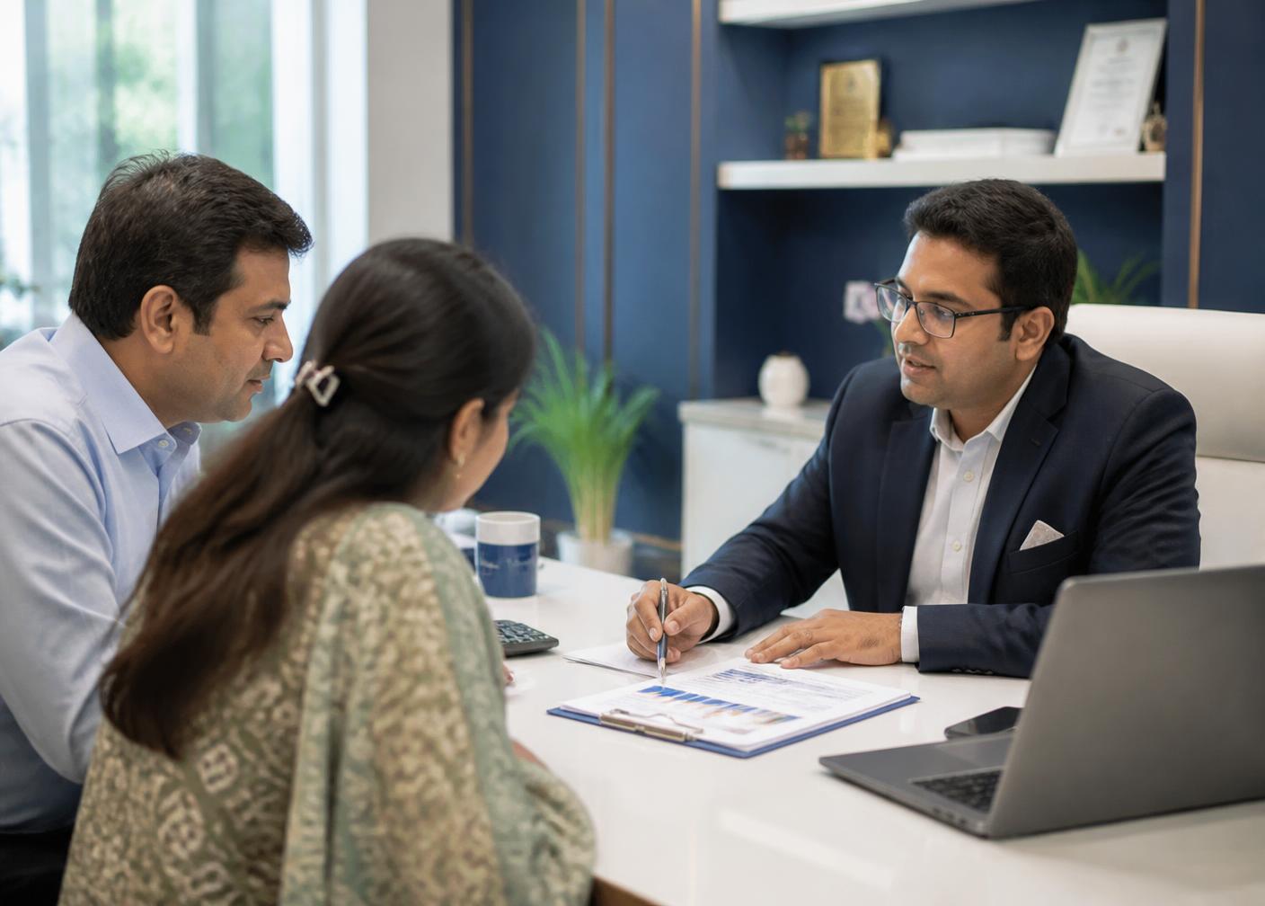 Advisor meeting a client family in the office
