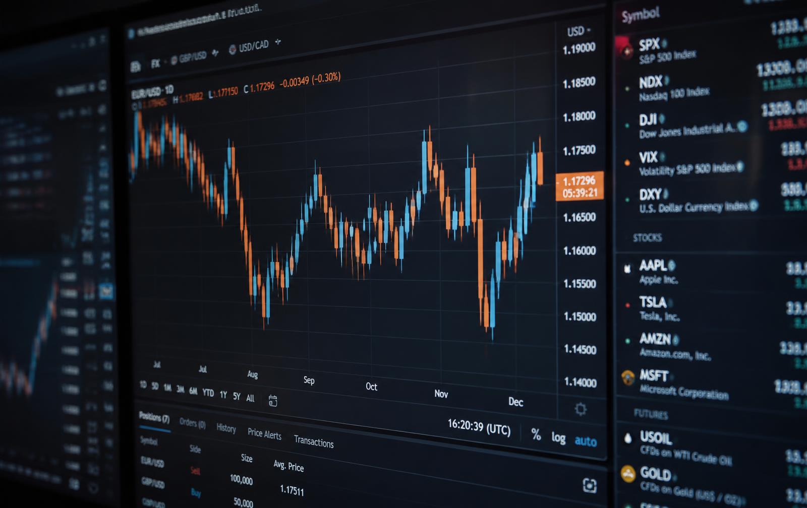 Stock market candlestick charts on trading screens